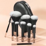 Set of 10 Black Short-handled Makeup Brushes with Storage Bag